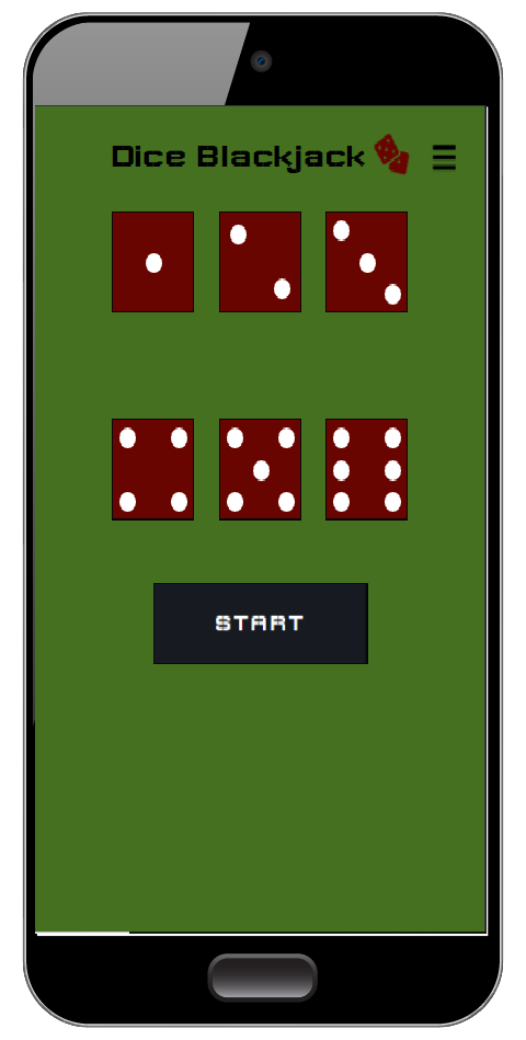 A mobile view of a game showcasing six ordered red dices and a start button on green background.