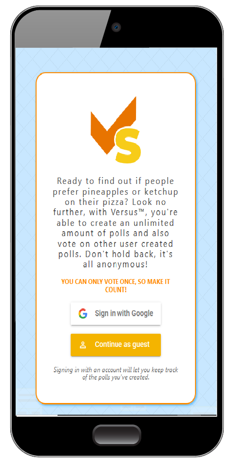 A mobile view of a welcome page to the Anonymous Voting Booth Application that asks for a user account.